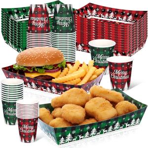 Acellegic 100 Pcs Large 10 x 7 '' Christmas Paper Food Trays Serving Plates and Disposable 9 oz Paper Cups Christmas Party Supplies Kit for Winter Holiday Xmas Party Decoration