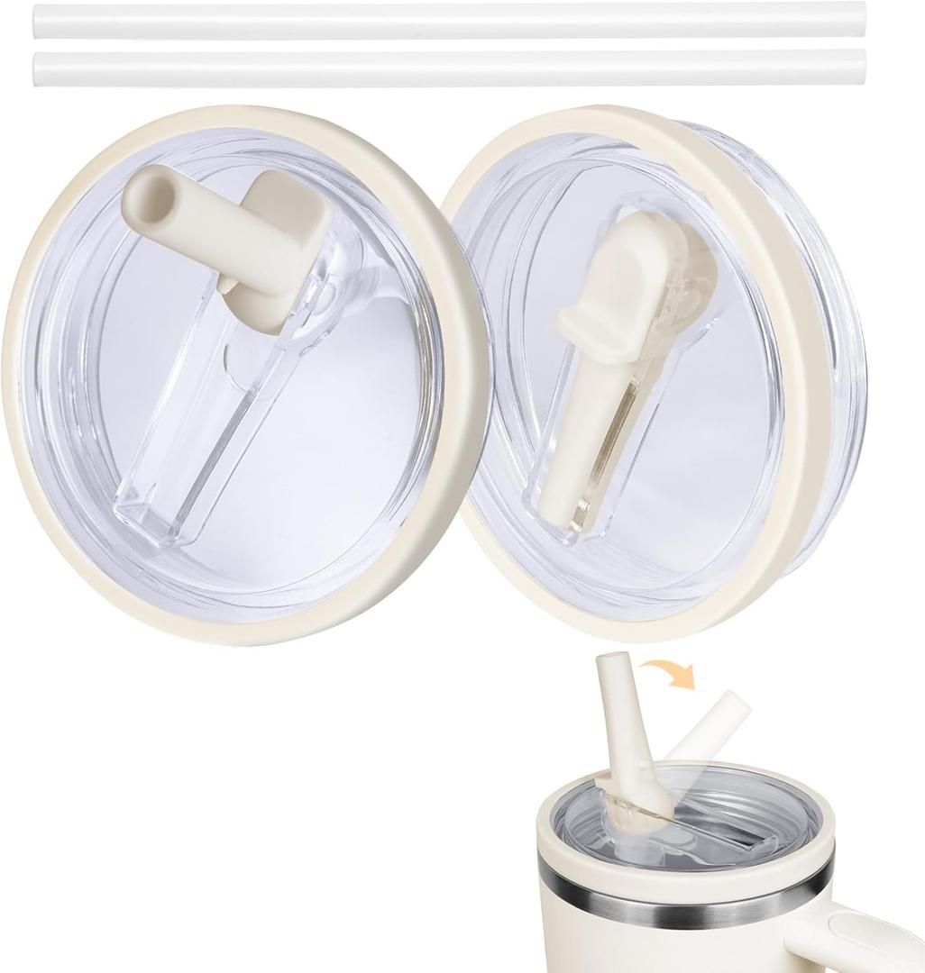 40 oz Tumbler Flip Straw Lid Compatible with Stanley Cup 40oz Tumbler Cover (2 Pack, Cream White)
