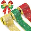 JarThenaAMCS 3 Rolls Christmas Ribbon 2.5" Xmas Glitter Wired Ribbon for Christmas Tree 30 Yard Red Green Gold Craft Ribbon for Bow Wreath Craft Gift Wrap Party Decor Pack of 2