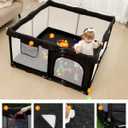 Foldable Baby Playpen with Non-Removable Thick Mat, Extra Large Collapsible Play Yard for Babies & Toddlers, Portable Travel Playpen with Gate, Safe Activity Center (51"×51" Black)