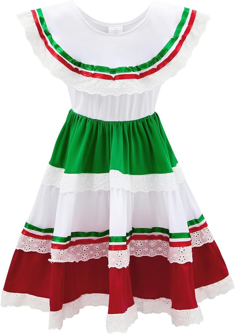 Traditional Mexican Dress for Girls - Cinco de Mayo Outfit, Elasticized Long Dress with Lace Design (3-4T, Red Green)