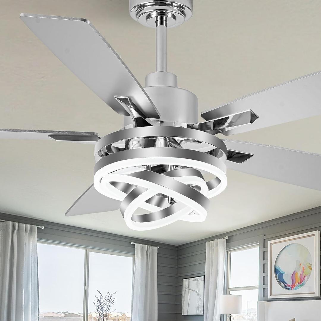 52" Silver Chrome Ceiling Fan with 3 Adjustable Rings for DIY Shape 3‑Color Dimmable,5 Double‑Sided Blades,Quiet Reversible DC Motor,Timing,Sloped Ceiling Compatible Modern Fandelier, Chrome-52 Inch-MD-DC2062-C