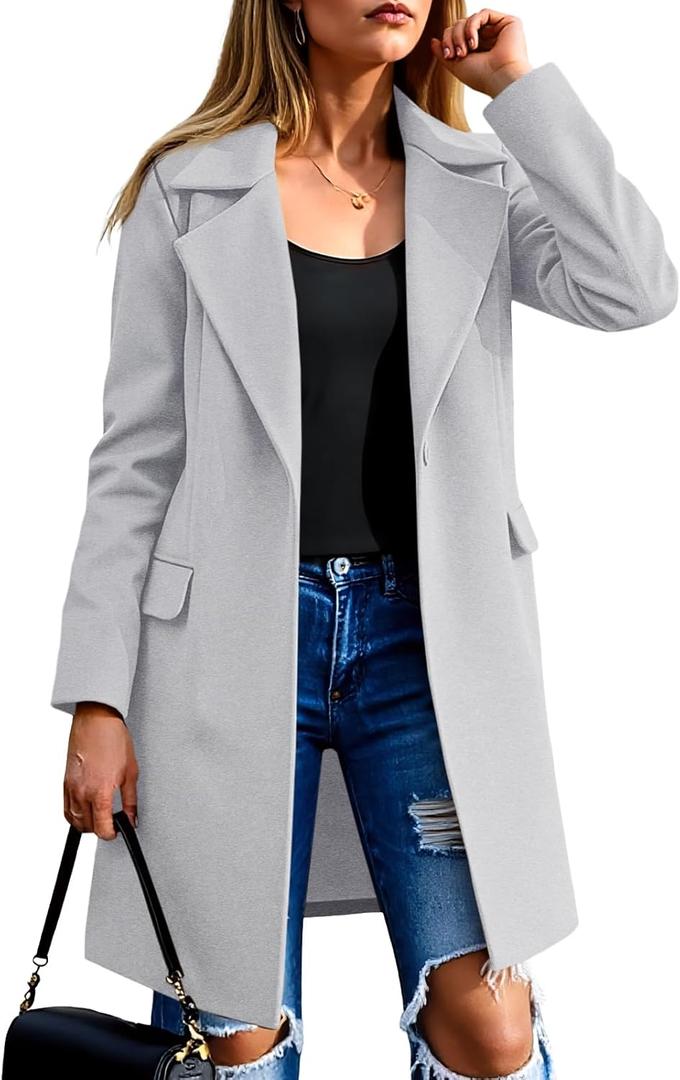 Fazortev women's Pea Coat Notch Lapel Single Breasted Wool Blend Mid Long Jacket Trench Overcoat (Large, Light Grey)