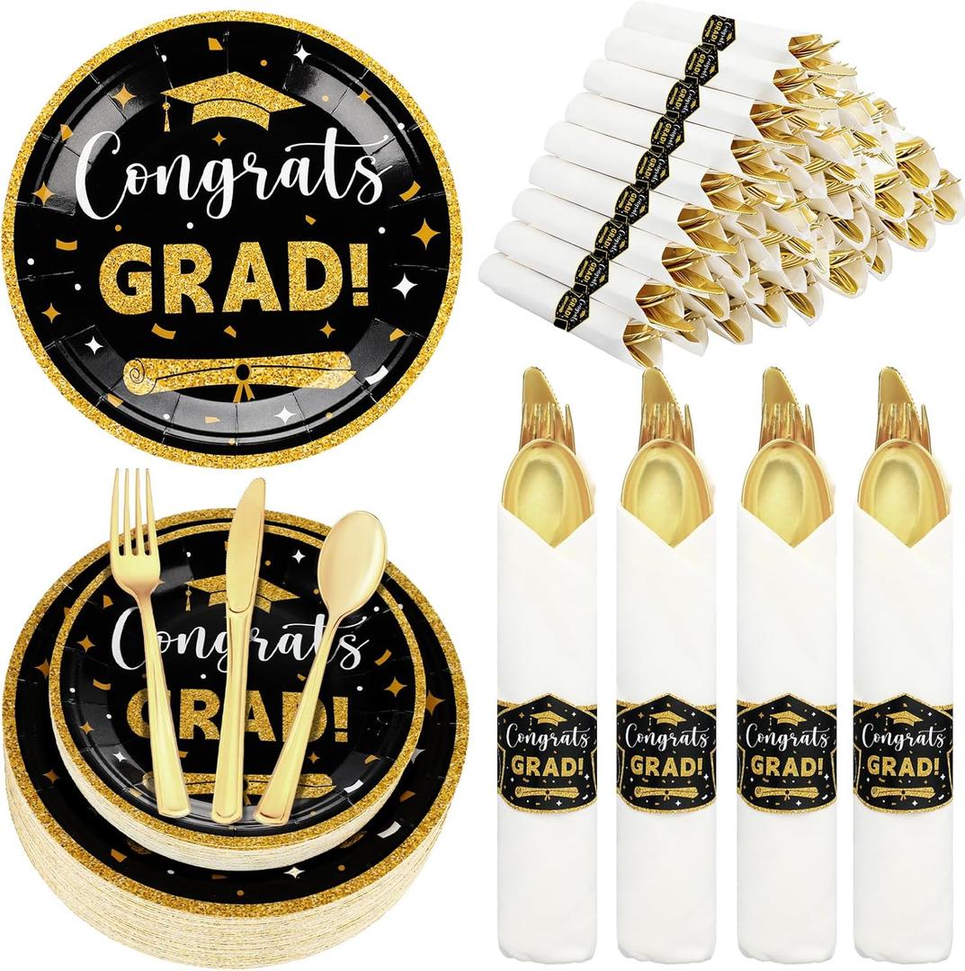 Meanplan 50 Sets 2026 Graduation Party Supplies Tableware Set Gold Pre Rolled Silverware for 50 Guests Class of 2026 Disposable Dinnerware for College High School Congrats Graduation Party Favors