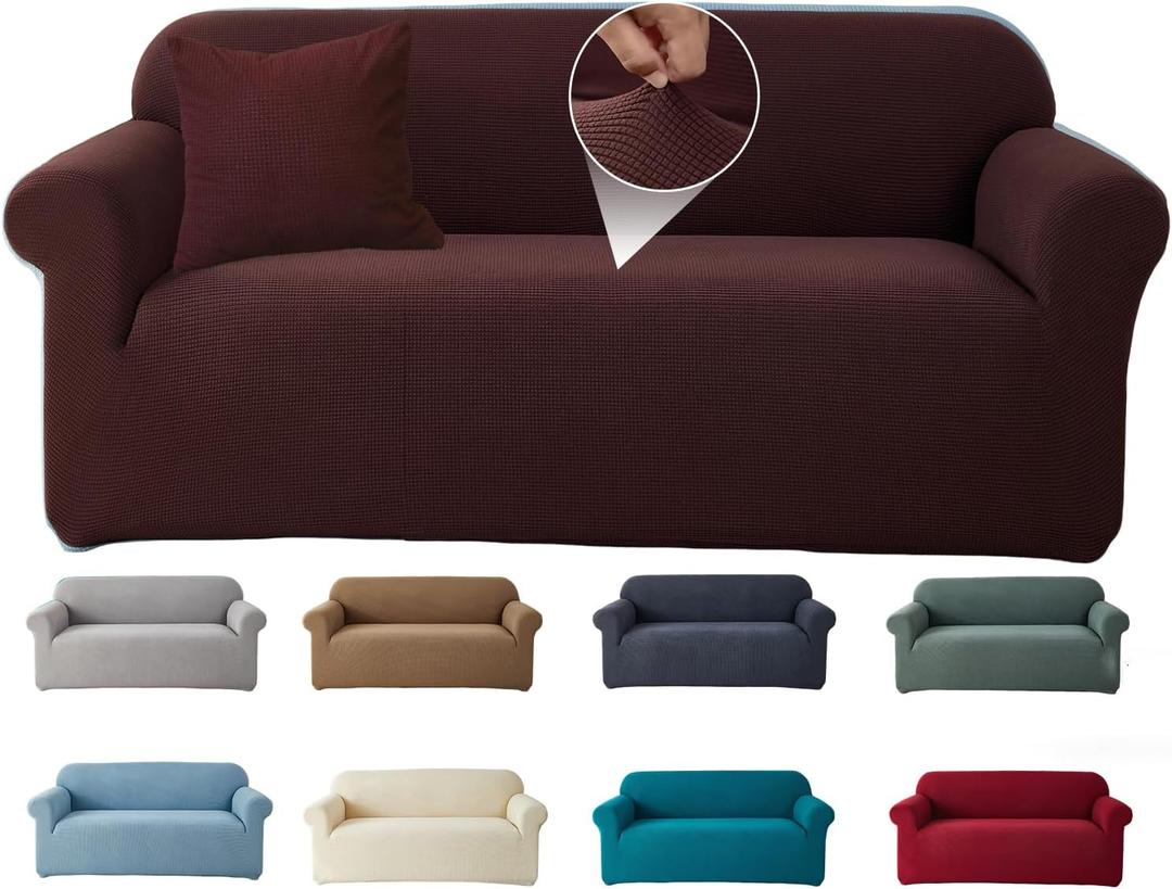 Mrcrypos Stretch Sofa Covers for 3 Cushion Couch Includes a Pillow Cover Washable Sofa Slipcover Furniture Protector with Non Skid Foam and Elastic Bottom for Kids,Pets Dog(Sofa,Coffee-Colored)