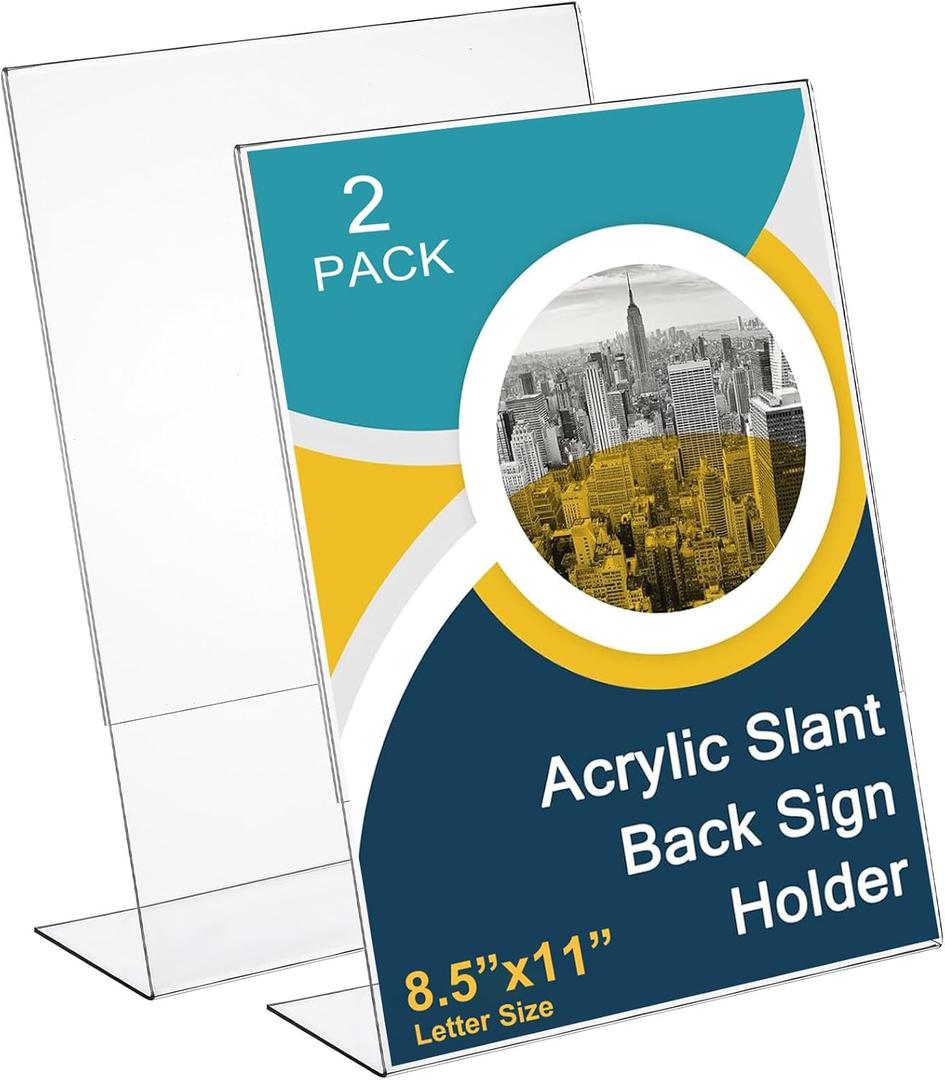 Sanwuta 2 Pack Acrylic Sign Holder,Slant Sign Display Stand,Transparent Flyer Holder Frame Plastic Document Display for Workers Teachers Office Home Menu Desktop(8.5 x 11 Inch)