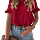 PRETTYGARDEN Women's Short Sleeve Casual T Shirts Summer Ruffle Plain Round Neck Loose Fit Tee Blouse Tops, Large