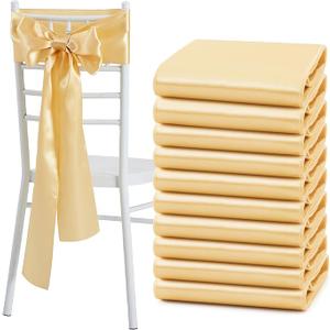 10 Pcs Gold Satin Chair Sashes Bows Universal Chair Cover for Wedding Reception Events Banquets Party, Hotel Event Decorations, 6 x 108 inch