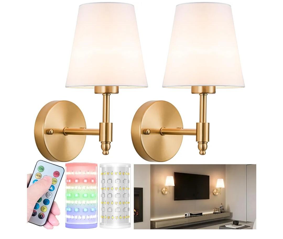 Battery Operated Wall Sconces Set of Two, Wireless Battery Wall Light with 10000mAh RGB Dimmable Magnetic Bulb and Remote, Rechargeable Sconce Wall Decor for Bedroom Living Room Hallway