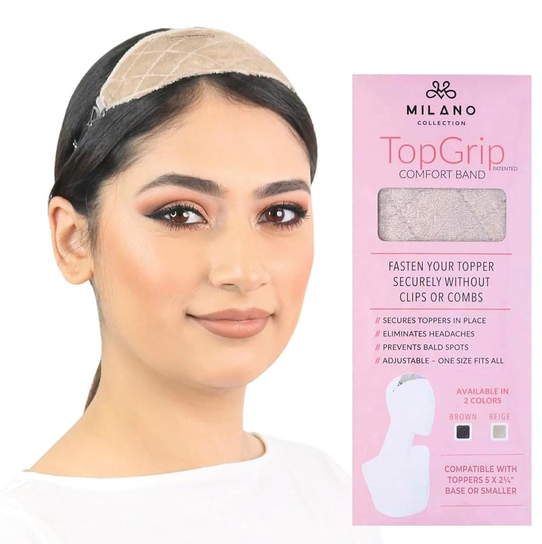 MILANO COLLECTION Glueless Top Grip for Hair Topper & Wiglets, Adjustable Translucent Strap with Side Openings, Top Headband for Your Wig or Topper, Includes Clips, Beige, Small