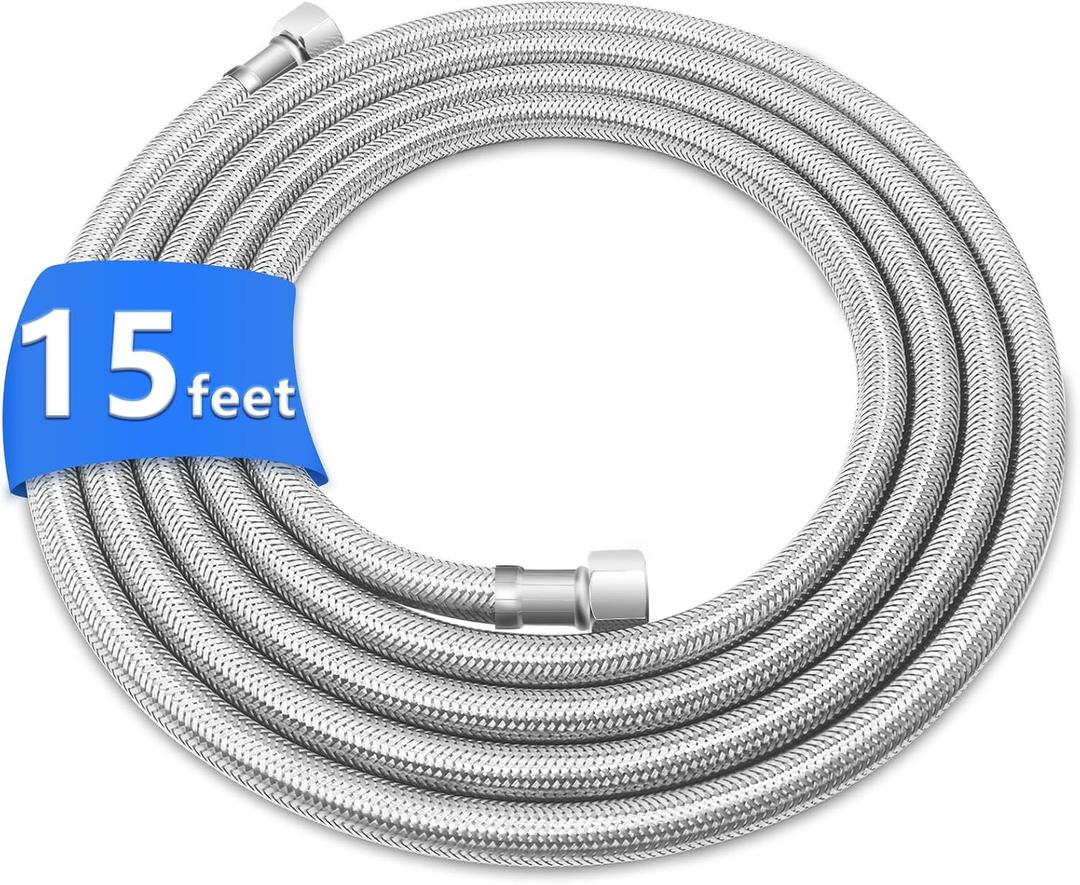 15FT Stainless Steel Braided Water Supply Line for Dishwasher, Brass 3/8 Inch Compression x 3/8 Inch Compression Connections, Food Grade PEX Inner Tube Water Hose