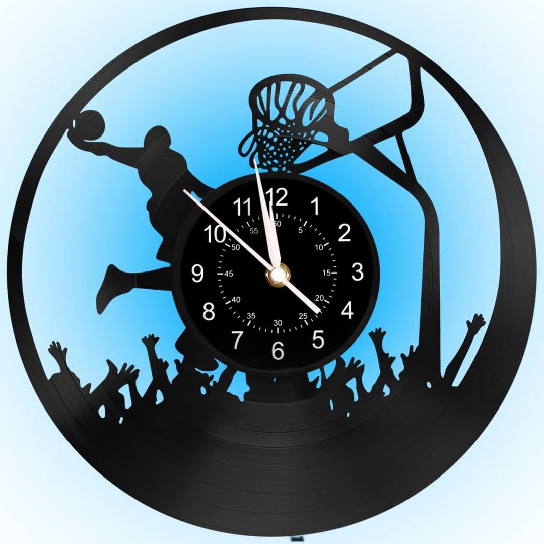 Basketball Sports Wall Clock,12 Inch Vinyl Record Clocks Home Art Decor Night Lamp 7-Color Luminous LED Wall Clock,Gifts to Sports Lovers/Basketball Fans/Men/boy.