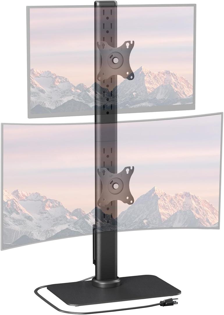 Dual Monitor Stand with Built-in Power Outlet, Vertical Stack Freestanding Monitor Mount for 13-32 inch Flat Curved Computer Screen, Metal Base, Height Adjustable, Max VESA 100x100mm