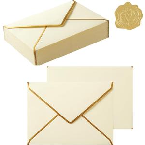 Topeen 50 Pieces A7 Envelopes with Gold Border, 5.24 x 7.21 Inches Envelopes with Gold Stickers for Greeting Cards and Invitation (Cream Color, A7-5x7)