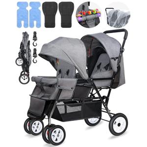 Double Stroller for Infant Toddler, Foldable Double Baby Stroller with Tandem Seating and Adjustable Backrest - Extra Gift Toys/Mosquito Net/Sleeping Mats/ 2 Hooks/ 2 Cotton PadsGrey