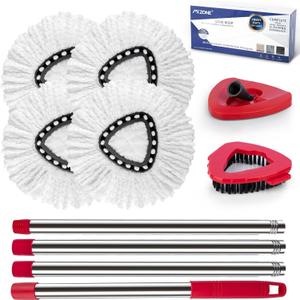 Spin Mop Head Replacement Handle Compatible with O Cedar EasyWring 1-Tank System, 4 Mop Replace Heads, 1 Mop Handle, 1 Base and 1 Scrub Brush Combo Set