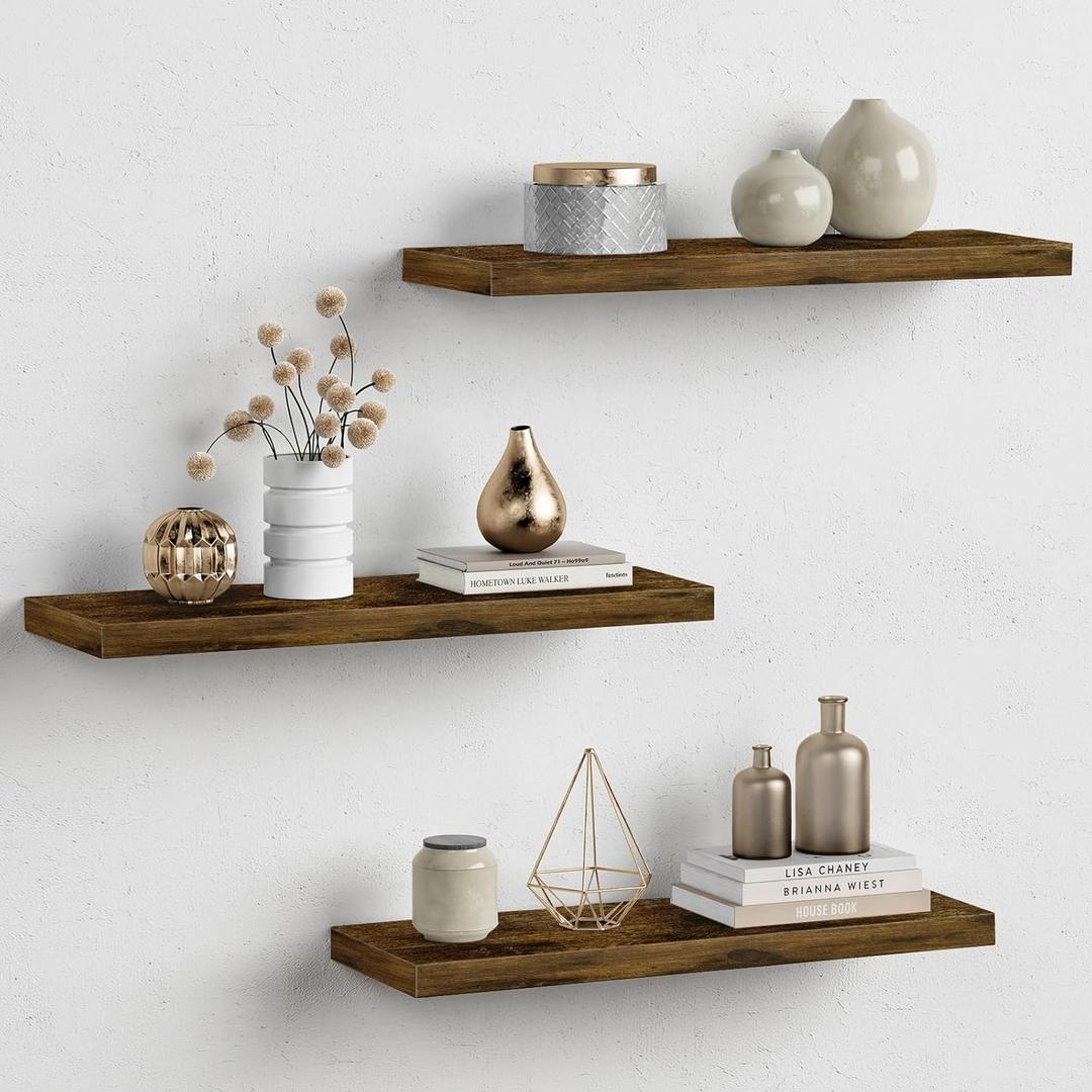 Forbena Rustic Wood Floating Shelves for Wall Set of 3, 24 Inches Long Wooden Hanging Shelves for Bedroom Books, Large Wall Mounted Shelves for Kitchen, Living Room, Closet Storage(Dark Brown), 23.6 Inch