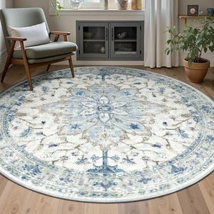 RELEANY 6ft Round Rug, Area Rugs 6ft, Washable Rug, Non-Slip, Rugs for Living Room, Rugs for Bedroom, Circle Rug, Vintage Rugs Boho Floral Medallion, Low Pile, Soft, Blue Navy Beige