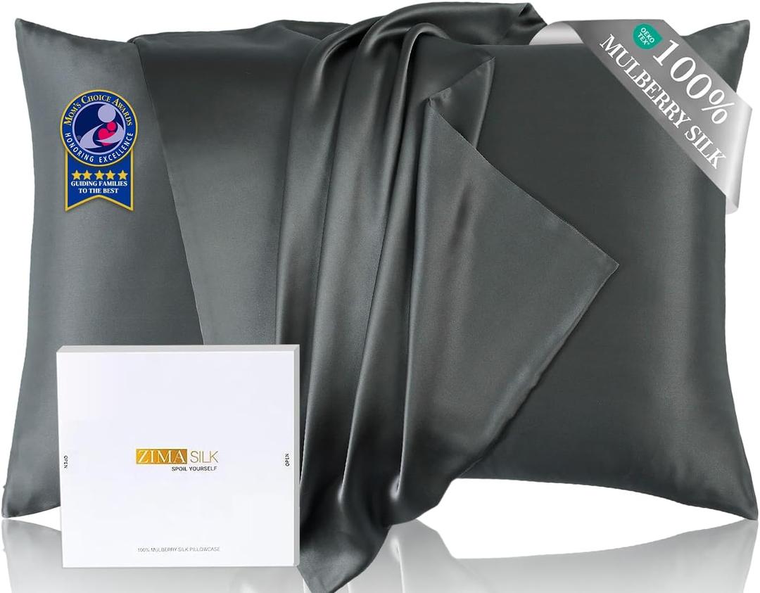 ZIMASILK Upgraded 100% Pure Mulberry Silk Pillowcase for Hair and Skin Silk Pillow Cases with Reinforced Hidden Zipper, More Soft & Durable Grade 6A Silk, Gift Box 1Pc (Queen 20"x30", Charcoal)