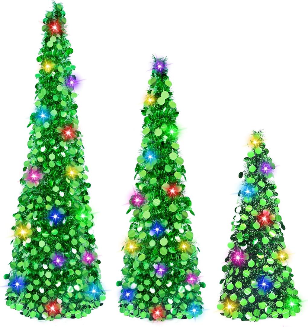 MACTING 3PCS Christmas Pop up Tree with Lights Timer 3FT&4FT&5FT Green Collapsible Tinsel Pencil Tree Easy-Assembly Coastal Glitter Artificial Tree for Porch Apartment Corner Home Party Xmas Decor