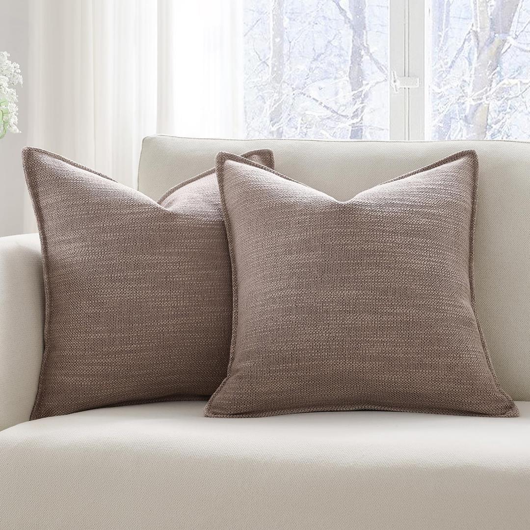 Meekio Set of 2 Taupe Brown Pillow Covers 18x18, Linen Look Throw Pillow Covers with Flange Edge for Sofa Couch Living Dcor, Taupe Brown 