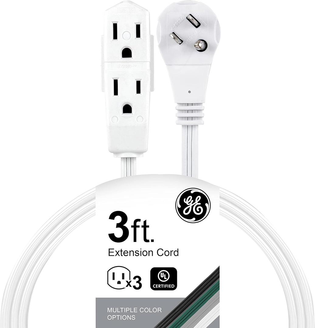 GE 3-Outlet Flat Extension Cord 3 Ft Grounded Extension Cord with Multiple Outlets 3 Prong Outlet Extender Flat Plug Power Strip Indoor 16 Gauge UL Listed White 69869