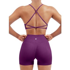 SUUKSESS Women Seamless 2 piece Workout Sets Strappy Padded Sports Bra Booty High Waisted Shorts Outfits (Deep Purple, L)