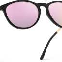 WearMe Pro Women's Round Sunglasses with Polarized UV Protection, Trendy Retro Designer Style (Black Frame/Mirror Pink Lens)
