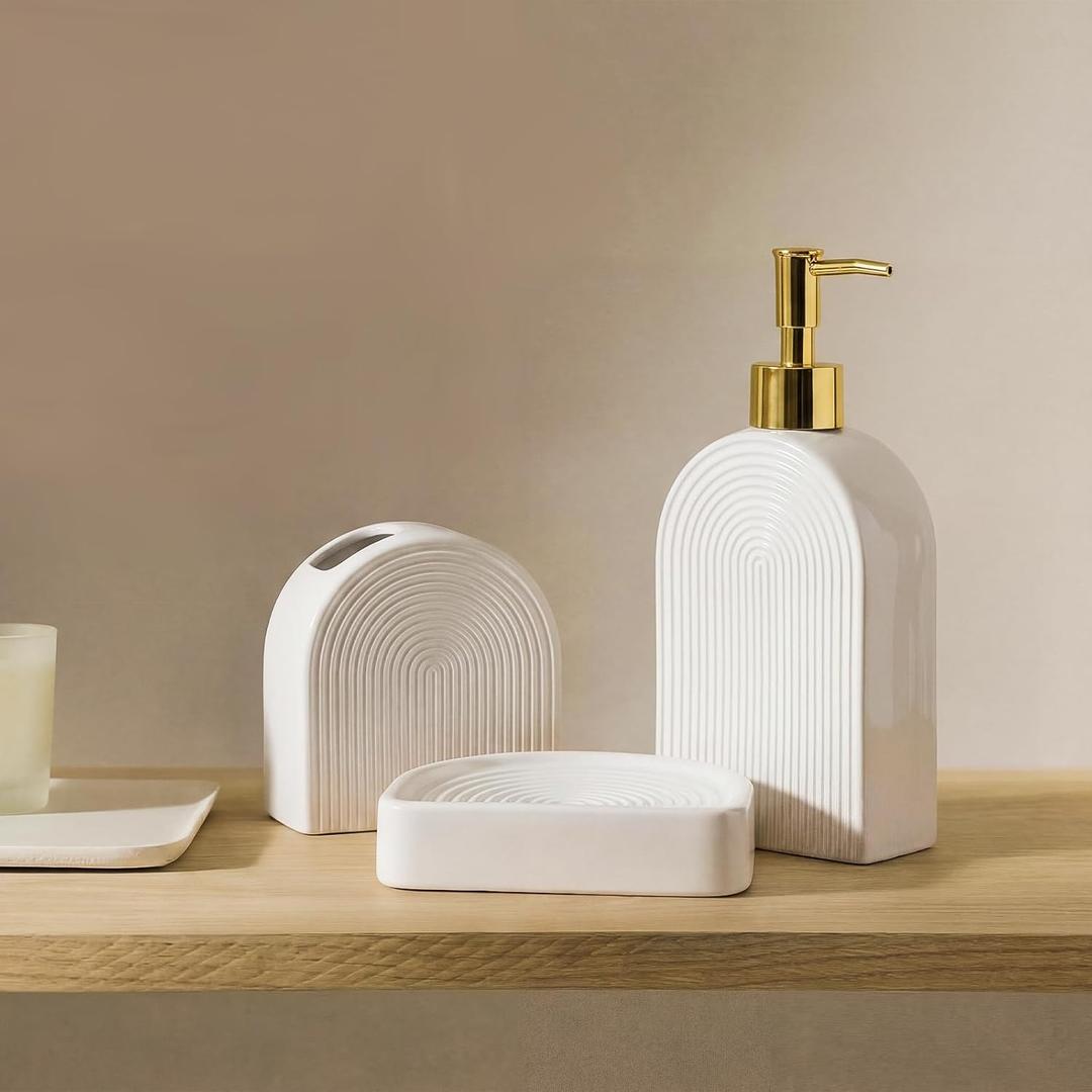 Boho Ceramic Bathroom Accessories Sets 3 Pcs Arch Style Bathroom Accessories for Countertop, Soap Dispenser, Toothbrush Holder Soap Holder Decor for Modern Home Decor