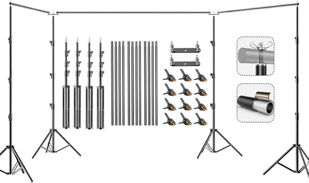 BEIYANG 10x30FT Photo Backdrop Stand, Angle Adjustable Triple Crossbar Extender Mount, Photography Background Support System, with Sand Bags,12 PCS Clamps for Wedding Party Celebration