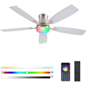 FUMLTP Ceiling Fans with Lights, 54inch RGB Low Profile Ceiling Fan with Light and Remote/App Control, Flush Mount, Dimmable, Reversible DC Motor, Noiseless, 6 Speeds Nickel Ceiling Fan for Bedroom