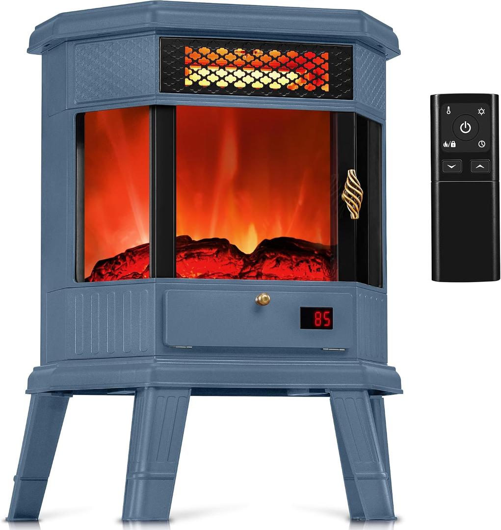 Electric Fireplace Heater 22 in Freestanding Fireplace Stove Infrared Fireplace with 3D Flame Effect Remoted Control, Timer, Overheating Protection (Blue)