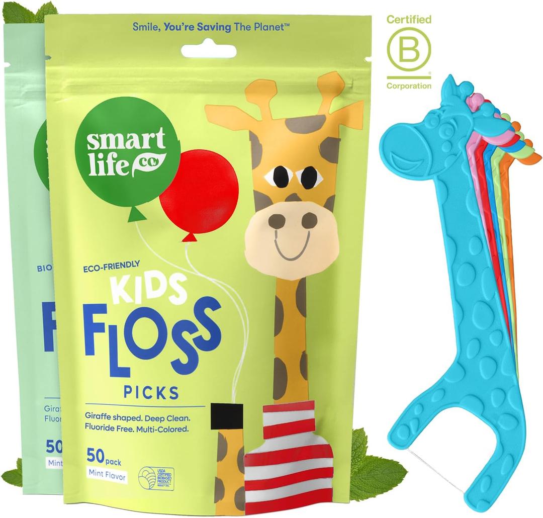 SmartLifeco Eco-Friendly Kids Flossers (100ct) - The Original Straw Wheat Dental Floss Picks for Children, Fluoride & PFA Free, Toothpick Flossing Sticks for Toddlers Teeth, No Shred Thread, Mint