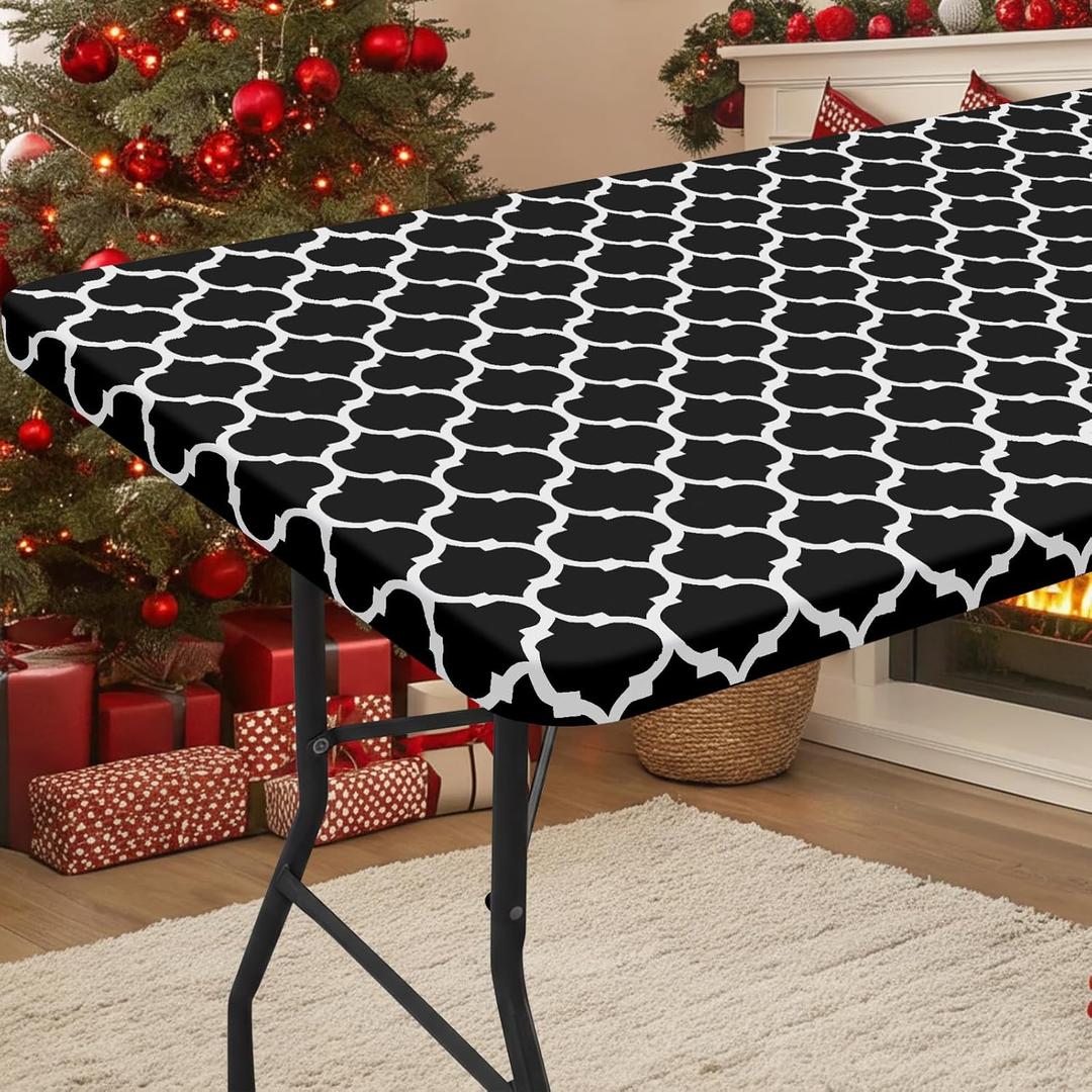 Smiry Rectangle Picnic Table Cover, Waterproof Elastic Fitted Camping Tablecloths for 6 Foot Tables, Wipeable Flannel Backed Vinyl Tablecloth Protector for Indoor, Outdoor (Black, 30x72 Inches)