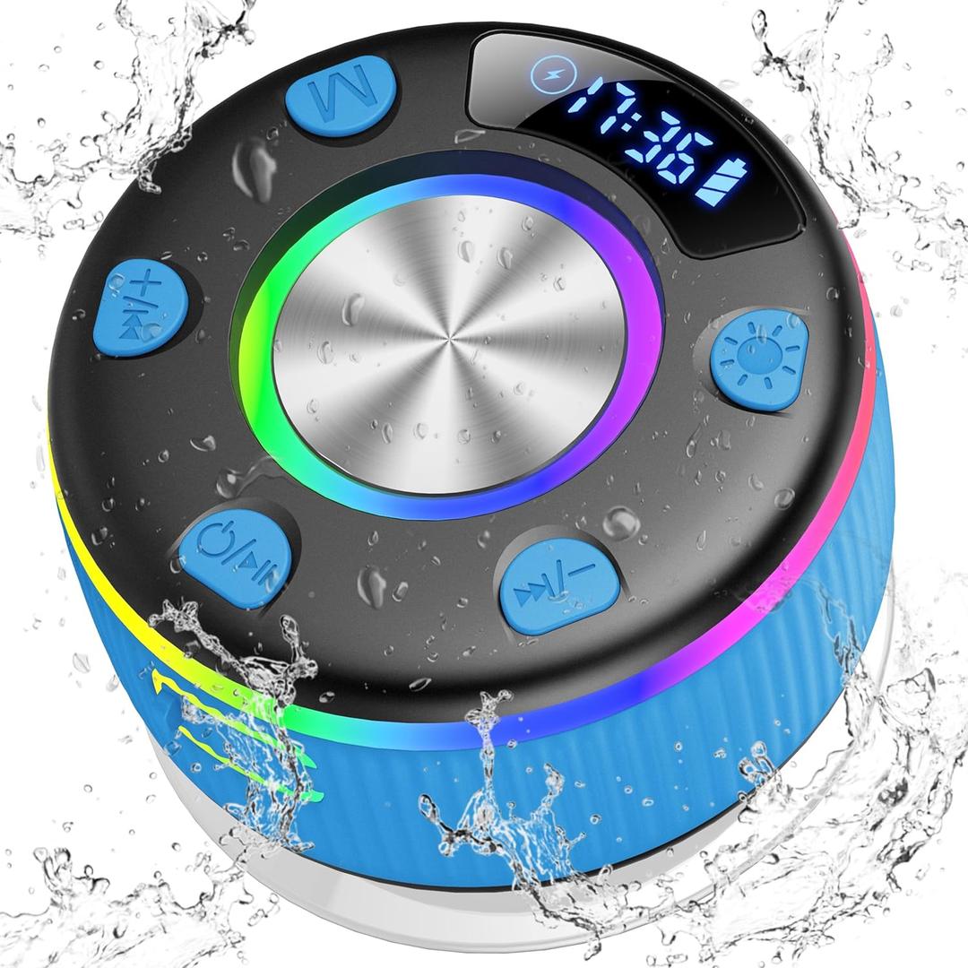 Bluetooth Shower Speaker, Portable Bluetooth 5.3 Speakers Wireless with Time Display, IP7 Waterproof Speakers with RGB Light, Suction Cup, Mini Stereo Speaker for Bathroom Party Beach Outdoor, Blue