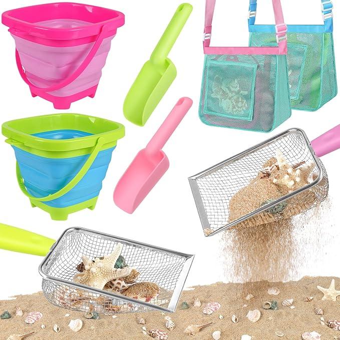 FHOZGECY Beach Toys, Sand Toys with 2 Collapsible Bucket, 2 Beach Mesh Shovel, Sand Shovel, Shark Tooth Sifter and Mesh Bag for Shell Collecting, Sand Dipper Beach Scoop Toys for Kids Boys and Girls