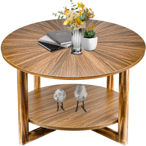 Coffee Tables for Living Room, Small Round Coffee Table with Storage, Mid Century Modern Solid Wood Coffee Table, Rustic Wooden Circle Center Table Living Room Furniture, Brown Tea Table