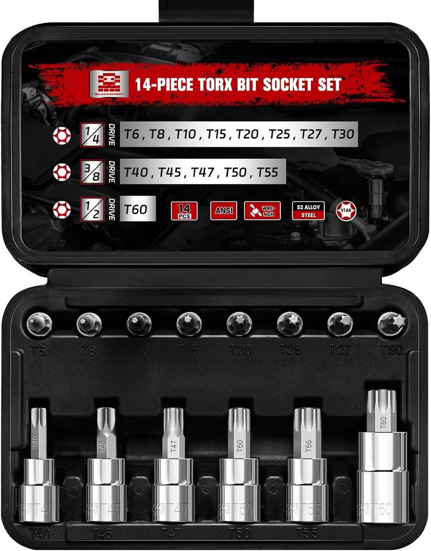 14-Piece Torx Bit Socket Set T6-T60, S2 and Cr-V Steel Star Bit Socket Set 1/4 3/8 1/2 Drive, T Torx Enhanced Storage Case for Motorcycle Bicycle Machinery Repair