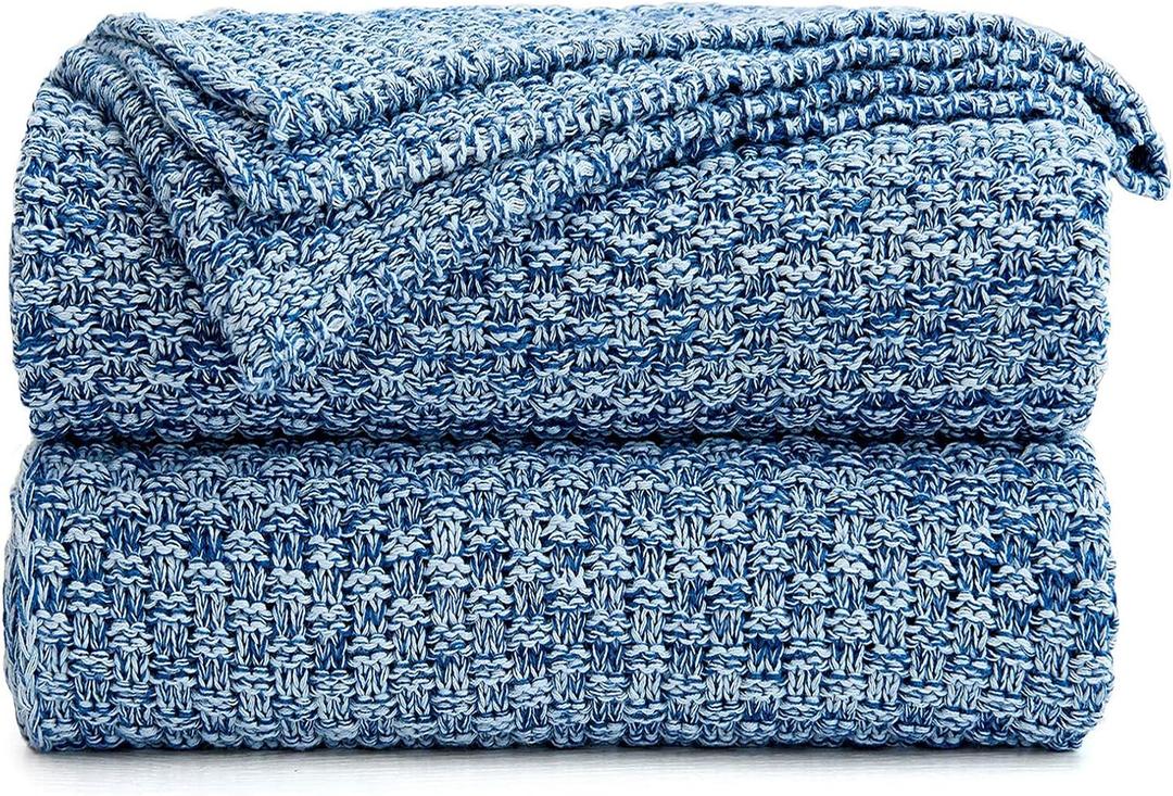 Longhui bedding Blue Knitted Throw Blanket for Couch, Soft, Cozy Machine Washable 100% Cotton Sofa Knit Blankets, Heavy 2.8lb Weight, 51 x 63 Inches, Blue and White Color, Laundry Bag Included