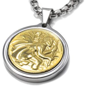 Unique Tungsten Medallion Necklace. Stainless Steel Saint Christopher Inlay with 18kt Gold Plating.