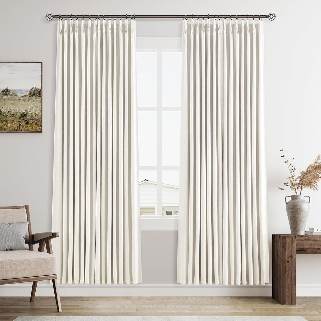 Cream Pinch Pleated Linen Curtains Blackout 80 Inches Long for Living Room Bedroom 100% Black Out Drapes with Pinch Pleat Hooks Dual Layer Thermal Insulated Room Darkening Window Drapes 40X80 (Natural)