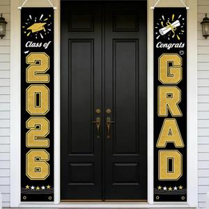 3 x 2026 Graduation Decorations GRAD Banner, Black Gold Porch Door Sign Welcome Banners for Indoor Outdoor Wall Graduated Decoration for Congrats Class of 2026, School Supplies, Graduation Party Supplies 70x12in (Black)