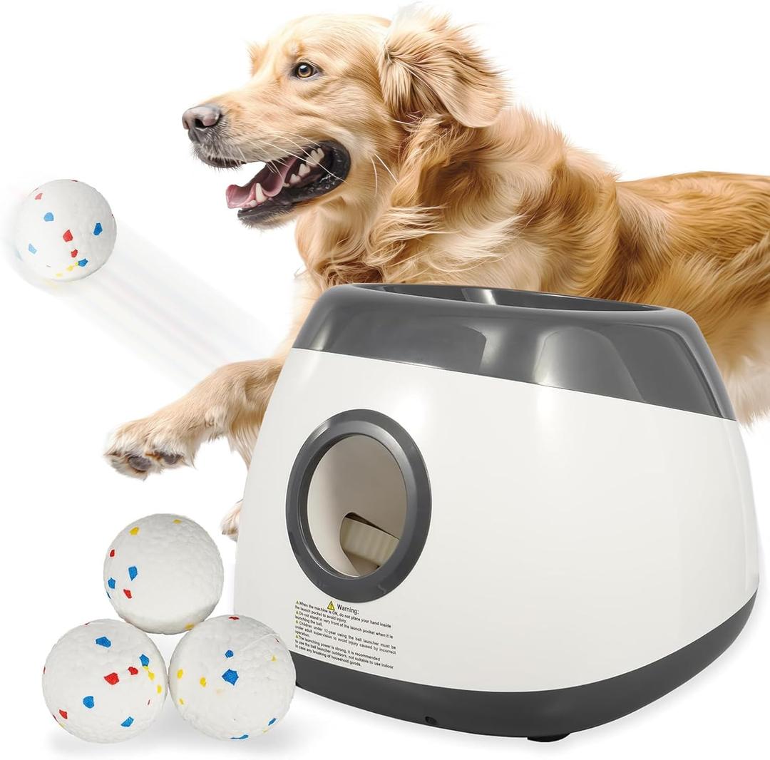 Elevon Dog Ball Thrower Launcher, Automatic Ball Launcher for Large Dogs, Interactive Dog Toy with Three Ranges, Includes 3 ETPU Balls and a Data Line, Suitable for Large Dogs, Gray/White