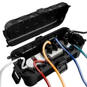 Flemoon Medium Outdoor Electrical Box (11.5x5.2x4 inch), IP54 Waterproof Extension Cord Cover w/6 Cable Entry Ports, Weatherproof Connection Box for Power Strip, Timer, Plug, Holiday Lights, Black