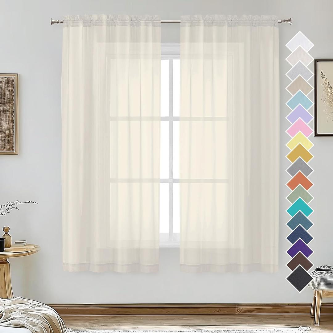 OVZME Cream Sheer Curtains 63 Inches Long 2 Panels - Soft Light Filtering Window Sheer Panels for Living Room/Bedroom, Top Dual Rod Pocket, 1 Pair, Each 42Wx63L Inches