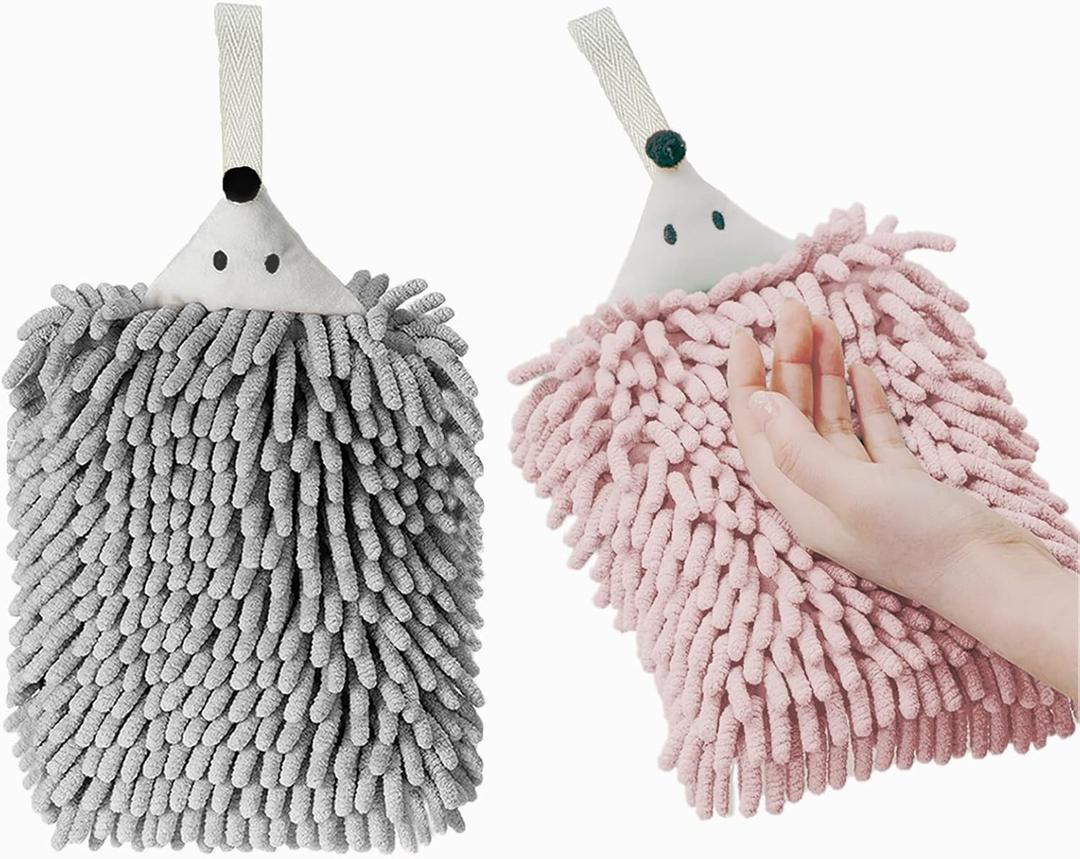 Chenille Hand Towels for Bathroom Kitchen and Bedroom |Hanging Hand Drying Towel with Button Loop | Funny Hedgehog Hand Towel | 2 Packs (Gray & Pink)