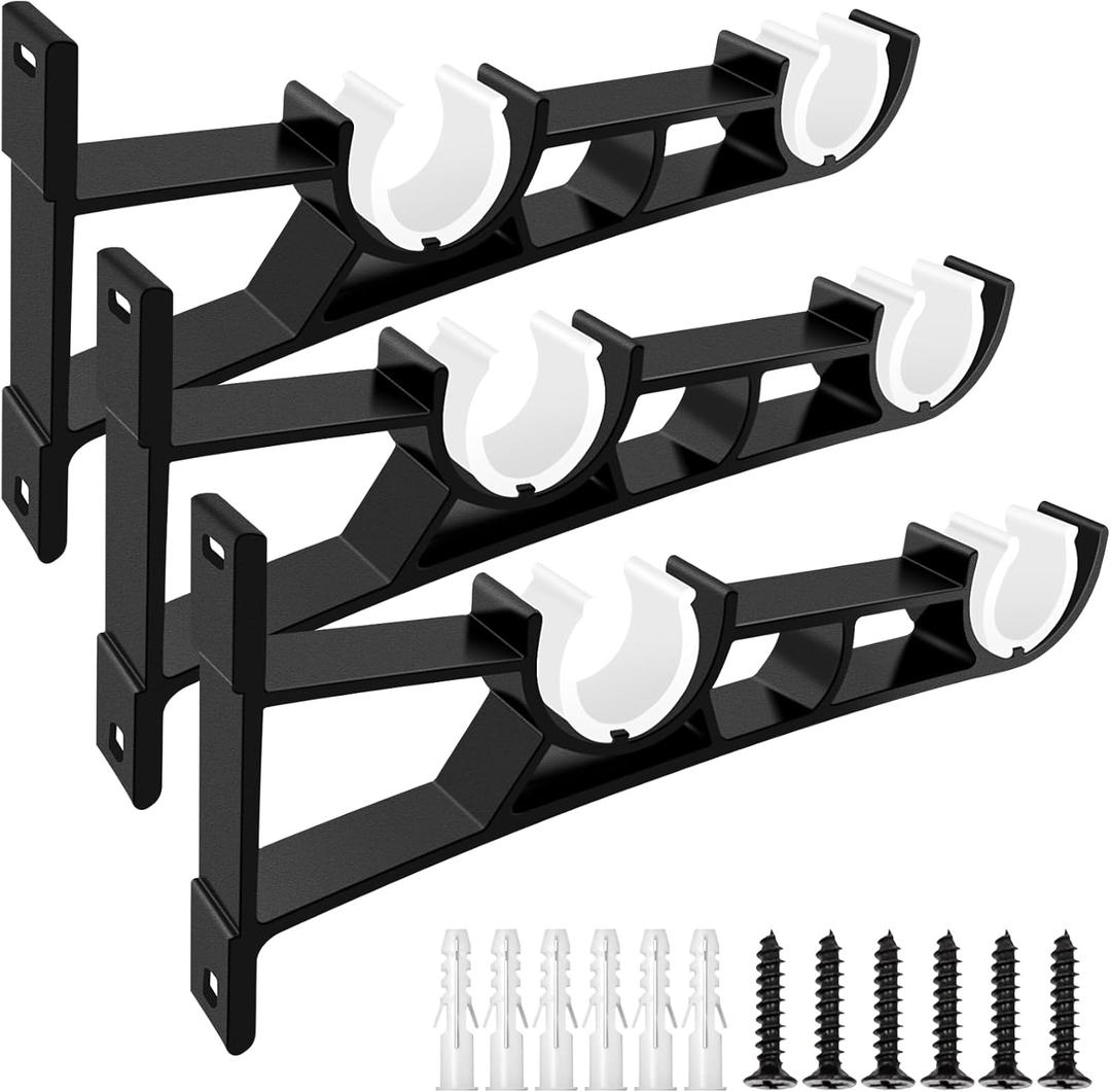 Curtain Rod Bracket, 3 Pack Double Curtain Rod Brackets, Heavy Duty Drapery Holders for 1 Inch Rods, Wall Double Rod Curtain Hanger Hooks, Black