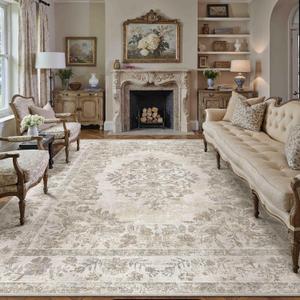 7x10 Washable Area Rug Living Room Cream Beige Vintage Carpet
Soft Low Pile, Non Slip, Stain Resistant, Floral Medallion, Neutral Retro Decor for Bedroom, Dining Room, Kids Room, Office