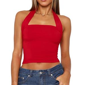 ForeFair Women Halter Neck Backless Crop Top Sexy Y2K Sleeveless Tank Top Open Back Slim Fit Tops (L, Red)