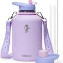 Coolflask Half Gallon Water Bottle with Strap, 64oz Insulated Water Jug Stainless Steel with Straw & Spout Lids, Metal Large Water Flask, Keep Cold 48h Hot 24h, Leak Proof & Non-BPA, Lavender